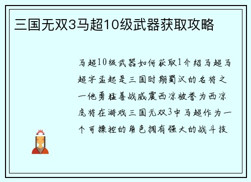 三国无双3马超10级武器获取攻略